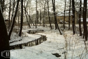 29.12.1990. Park w Radwanicach, widok na zamarznięty staw